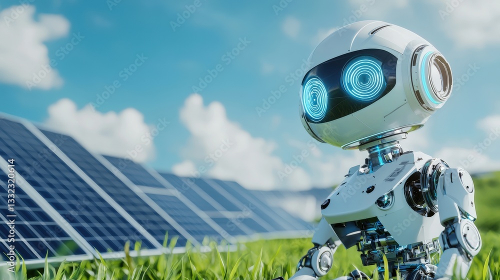 Poster a futuristic robot installing solar panels in a green field