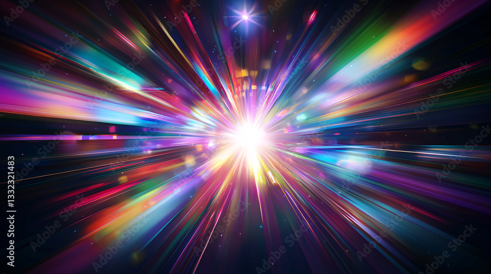 Poster vibrant colorful light rays exploding from a bright center in a dark space background