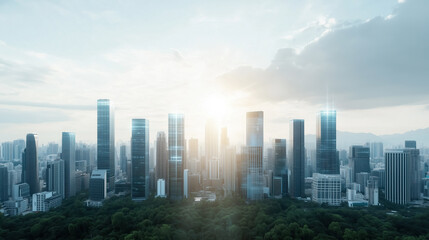 Fototapeta premium stunning view of futuristic metropolis with towering skyscrapers, lush greenery, and bright sun illuminating skyline, creating vibrant urban atmosphere