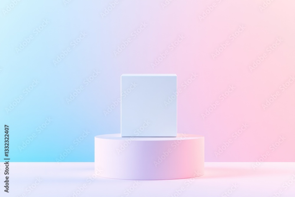 Poster minimalist 3d-rendered geometric box on soft-colored gradient background featuring ample copy space 