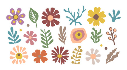 Set of hand drawn floral design elements, abstract shapes, leaves, corals. Contemporary modern vector botanical art illustrations in trendy Peach Fuzz color palette isolated