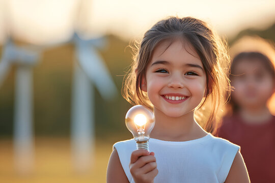 Smiling caucasian child holding light bulb with wind turbines in background at sunset, alternative renewable energy