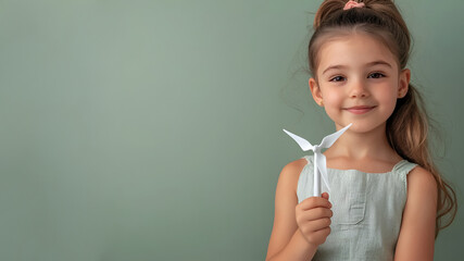Smiling caucasian young girl holding windmill model against green background, alternative renewable energy