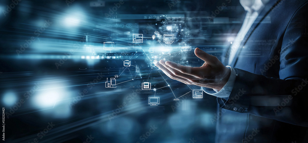 Poster a businessman's hand displays a futuristic network of interconnected digital devices and data stream