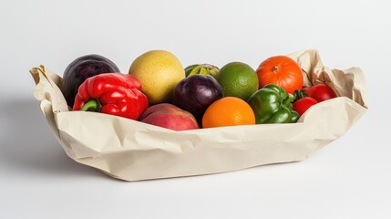 Photo of a paper bag filled with fresh fruits and vegetables on a white background, top view. Web banner with copy space for text on the right side, isolated on a clean, single-color backdrop. Stock p