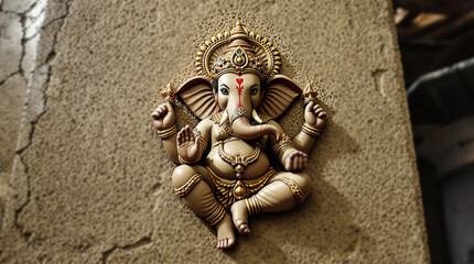 Lord Ganesha showcased on a textured wall background, symbolizing spirituality and cultural richness in Hindu traditions.