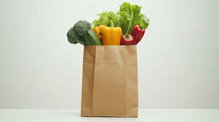 Photo of a paper bag filled with fresh fruits and vegetables on a white background, top view. Web banner with copy space for text on the right side, isolated on a clean, single-color backdrop. Stock p