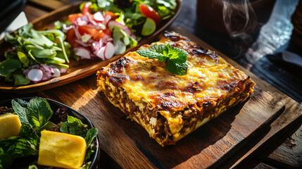 Traditional Bobotie Platter with Fresh Garden Salads on Rustic Wooden Board