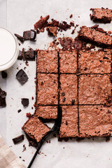 Chocolate brownie cut into squares.top veiw