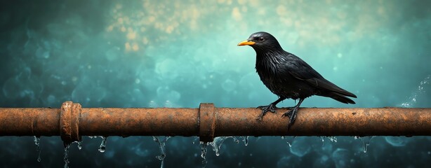 Fototapeta premium A black bird perched on a rusty pipe.