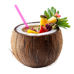 A Close Up of a Coconut Drink Served in a Coconut Shell Isolated on Transparent Background
