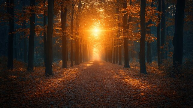 Sunlit autumn forest path, misty morning, nature scene, wallpaper - Powered by Adobe