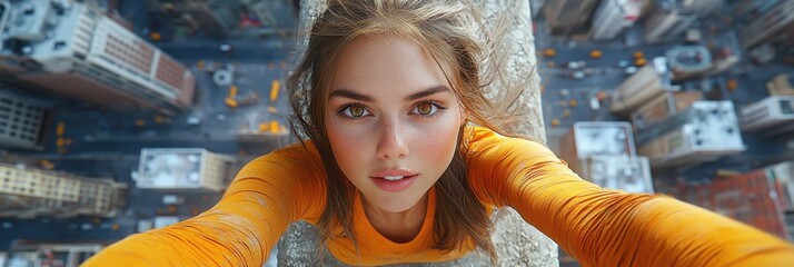 Fototapeta premium Stunning young woman captures her exhilarating moment standing on the edge of a high-rise, embracing the city's breathtaking views below