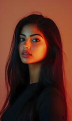 Fototapeta premium A striking portrait of a young woman showcasing her radiant and long dark hair beauty