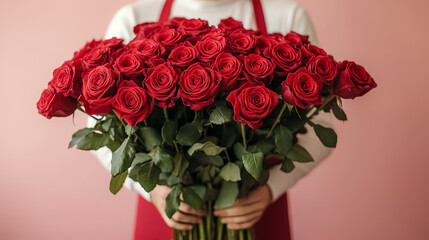 Person Holding a Large Bouquet of Deep Red Roses Against a Pink Background