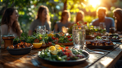 Fototapeta premium Ultra-realistic image of healthy food and sustainable lifestyle, including vegan meals, urban gardens, eco-friendly markets, sushi, and environmental activities.