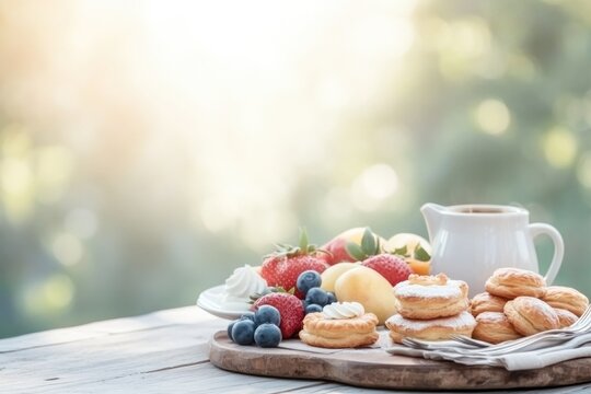 beautifully arranged brunch table set outdoors with sunlight streaming capturing mix of fresh fruits pastries and coffee