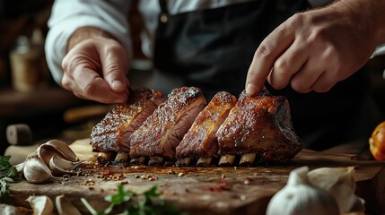 Chef seasoning juicy barbecue ribs on wooden platter surrounded by garlic and fresh herbs for gourmet culinary experience