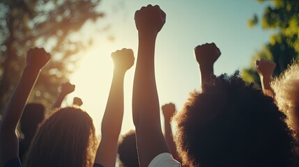 A group of people with their fists raised in the air, symbolizing struggle and progress during Black History Month. This cinematic shot captures the powerful moment.