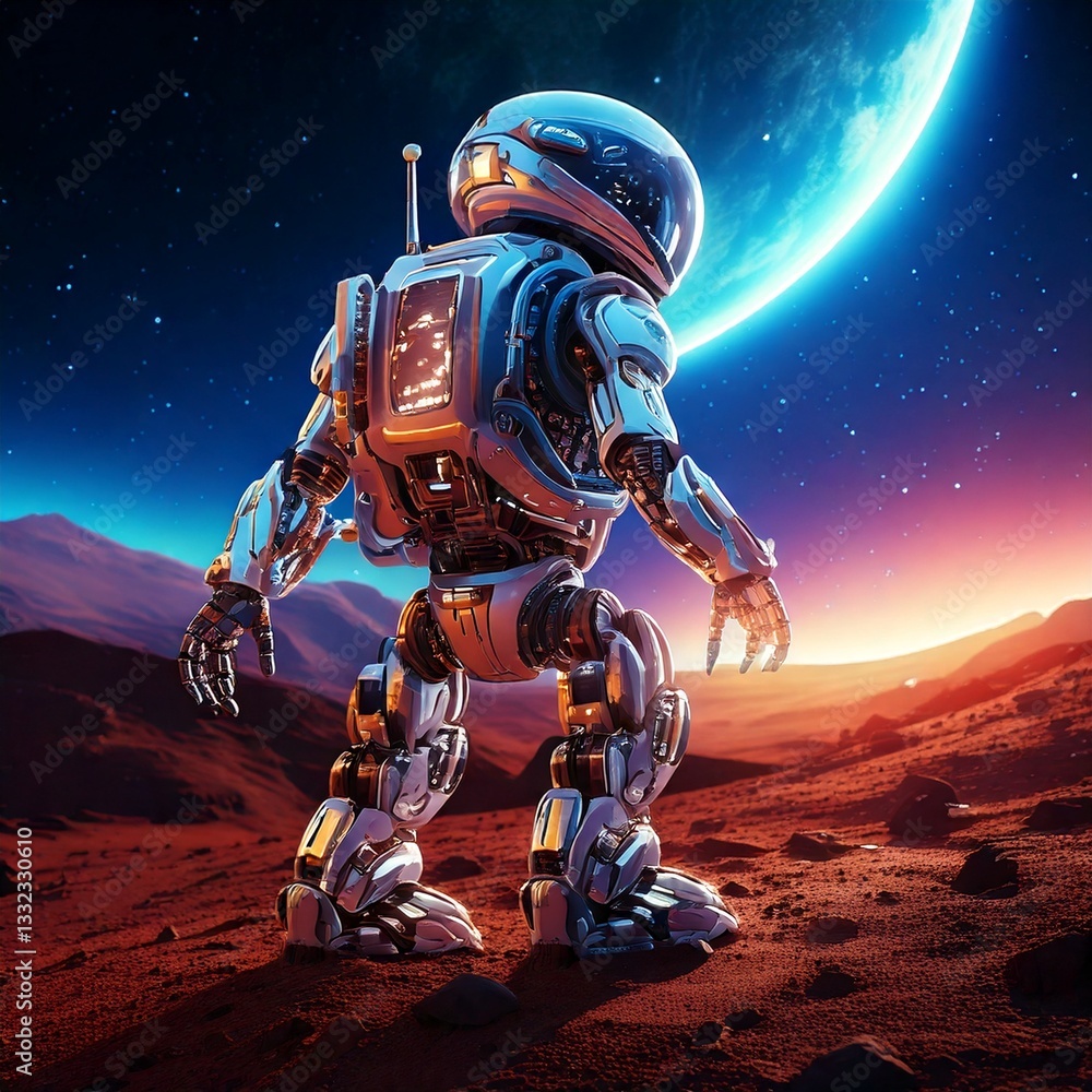 Aufkleber ai in space exploration: a robot on a distant planet, futuristic and sci-fi theme, glowing elements,