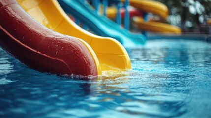 Colorful water slides descending into refreshing pool at outdoor waterpark