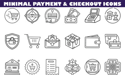 Minimalist Payment Checkout Icons Shopping Cart, Credit Cards, and Cash