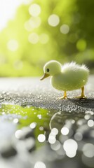 Bright summer day by the lake as a small white duckling explores the shore surrounded by lush greenery and shimmering water reflections