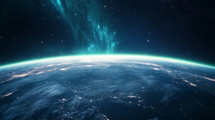 Obraz premium Celestial darkness engulfs the North Pole with faint auroras, a rare cosmic spectacle.