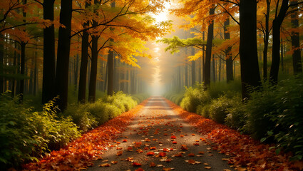 Explore the Tranquil Pathway in Autumn Forest: Embrace Nature's Synergy and Eco-Friendly Tourism with Scenic Experiences and Golden Leaves Under a Bright Canopy