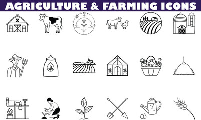 Obraz premium Agriculture Farming Icons Barn, Cow, Chicken, Wheat, Crops, Greenhouse, Tools