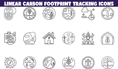 Fototapeta premium Linear Carbon Footprint Tracking Icons Environment, Sustainability, Eco, Climate, Energy, Emissions,