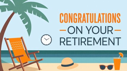 Tropical beach scene with palm tree, deck chair, hat, clock, and text CONGRATULATIONS ON YOUR RETIREMENT celebrating retirement