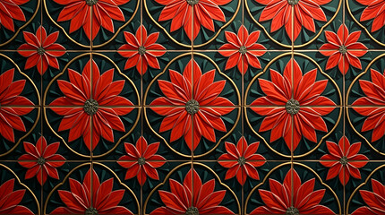 Art Deco poinsettia seamless tile pattern with symmetrical poinsettia motifs and gold accents for glamorous interiors concept as Symmetrical poinsettia motifs with gold accents create Art Deco seamles