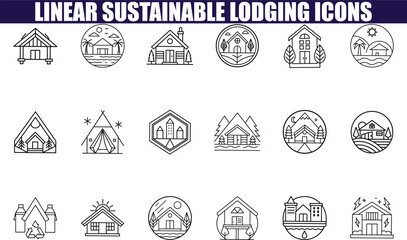 Linear Sustainable Lodging Icons EcoFriendly Cabin, House, and Nature Designs