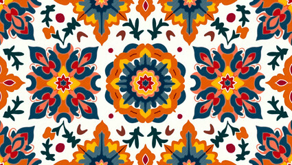 Fototapeta premium Flat Floral mandala seamless tile pattern with symmetrical botanical designs and vibrant hues for spiritual and decorative settings concept as Symmetrical botanical designs with vibrant hues create fl