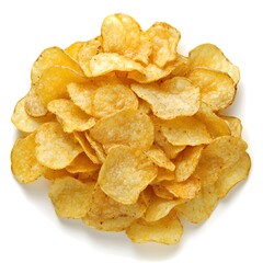 Crispy Potato Chips Piled High on a White Background