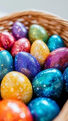 Fototapeta premium Colorful Easter Eggs Decorated With Glitter In A Basket