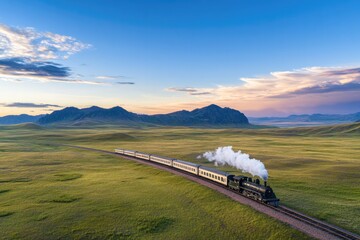 solitary train glides along railway through expansive open landscape as sun sets on horizon casting warm hues over