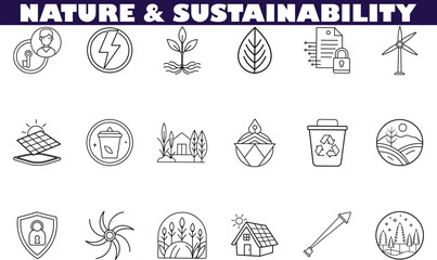 Ecofriendly Sustainability Icons Nature, Energy, Recycling, and Conservation
