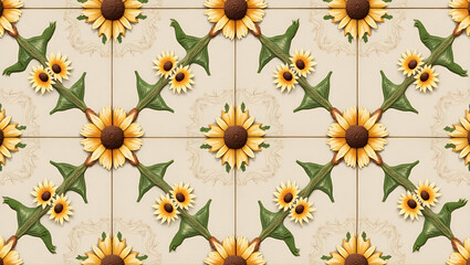 Flat Rustic daisy seamless tile pattern with dried daisy motifs and earthy brown tones ideal for country style kitchens concept as Dried daisy motifs and earthy brown tones create rustic daisy seamles