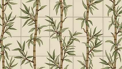Obraz premium Rustic bamboo leaves seamless tile pattern with dried bamboo motifs and earthy green tones ideal for country style kitchens concept as Dried bamboo motifs and earthy green tones create rustic bamboo s