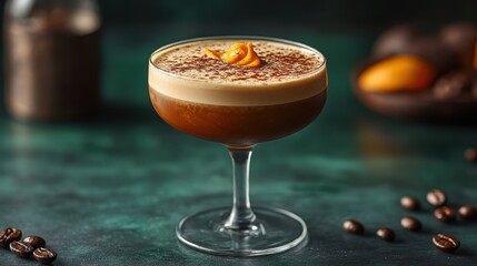 Espresso Manhattan cocktail adorned with vibrant orange zest sits elegantly against a soothing green backdrop