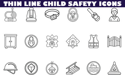 Child Safety Thin Line Icons Car Seats, Gates, Helmets, and More