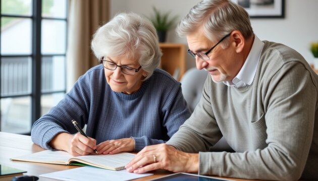 Senior Couple Discussing Future Plans, Home Office, Written Agreement, Cozy Environment, Close-Up View, Life Management