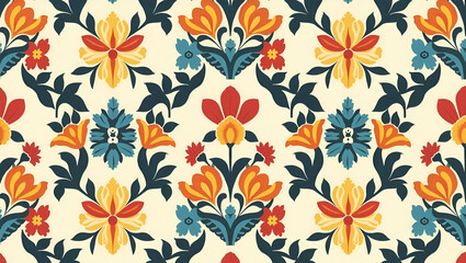 Obraz premium Flat Retro blossom seamless tile pattern with vintage flowers and bold colors for nostalgic interiors concept as Vintage flowers and bold colors create retro seamless tile pattern for nostalgic interi