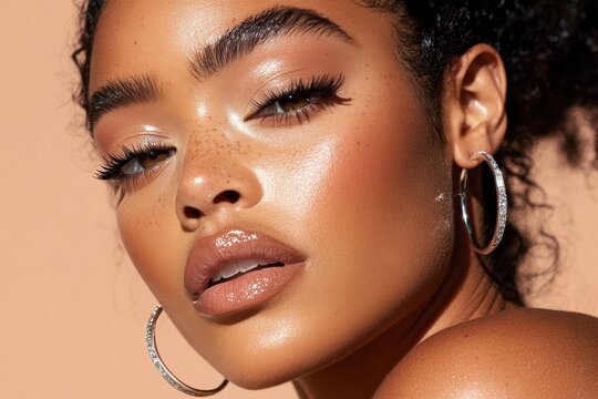Close up of a model showcasing minimalist silver earrings against a soft background - Powered by Adobe