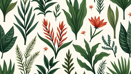 Diverse Plant Species Seamless Tile Pattern with Natural Color Tones for Lush Indoor Environments - Botanical Garden Concept with Empty Space on the Left Side for Photo Stock Use