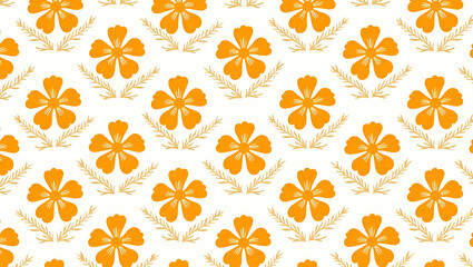 Flat Bohemian marigold seamless tile pattern with vibrant orange blooms and intricate leaf details on white background ideal for eclectic spaces concept as Vibrant orange marigold blooms with intricat