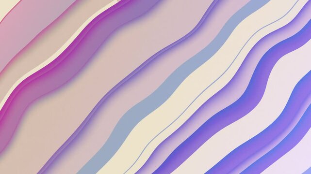 Paper cutout background with layered wavy diagonal lines in pastel shades of purple, beige and blue. Dynamic flowing curved lines pattern animation. Full HD and looping animation.