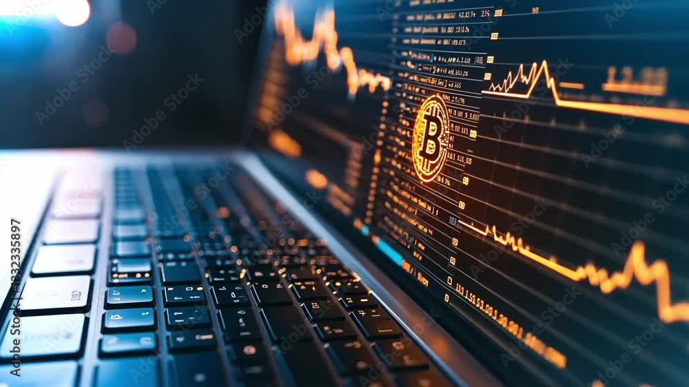 Poster high-tech laptop displaying cryptocurrency market data with vibrant graphs in 4k resolution